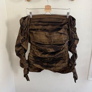 JS COLLECTION brown off the shoulder ruched draped blouse long sleeves steampunk